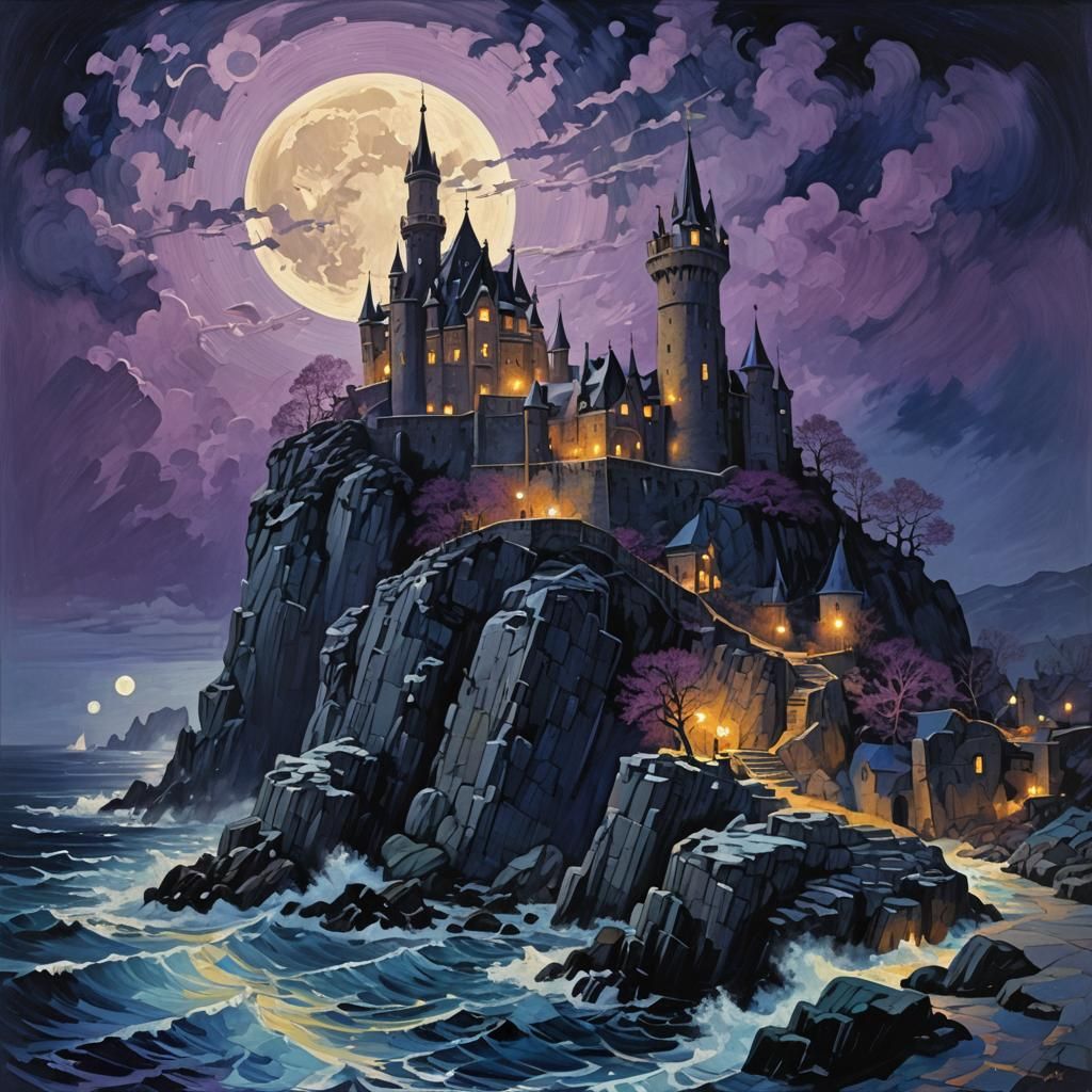 Neo-Impressionist Castle Seascape at Midnight in 8K