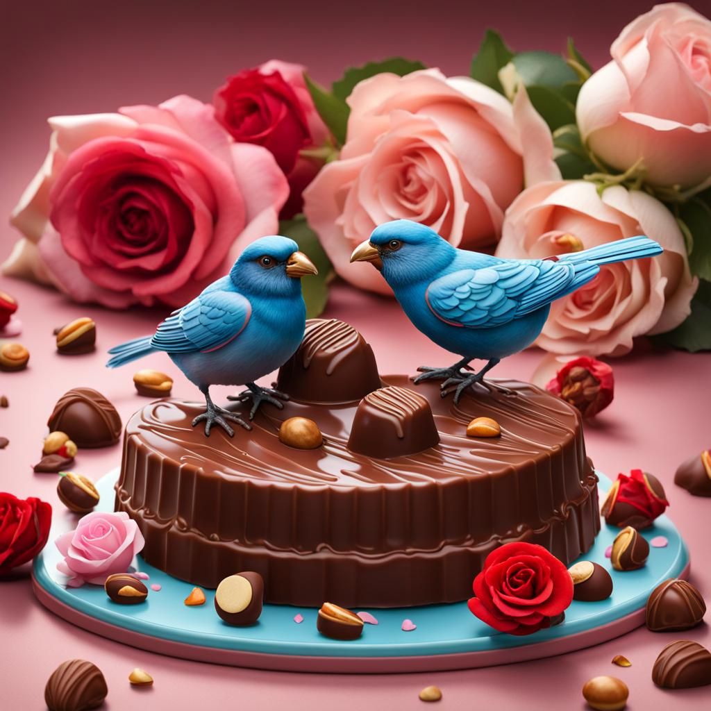 Chocolate Pralines and Roses with Colorful Birds