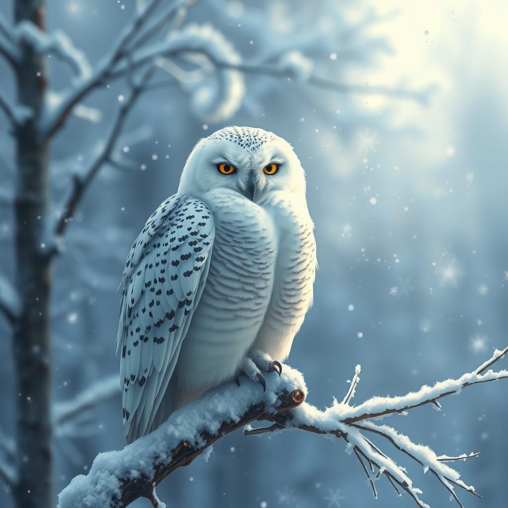 Majestic Snowy Owl in Frozen Forest Digital Painting