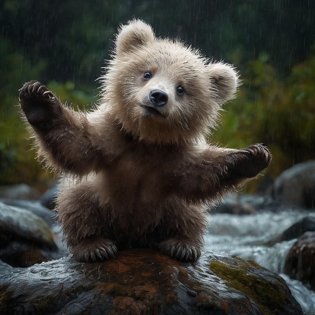 Playful Grey Grizzly Bear in Rainy Jungle