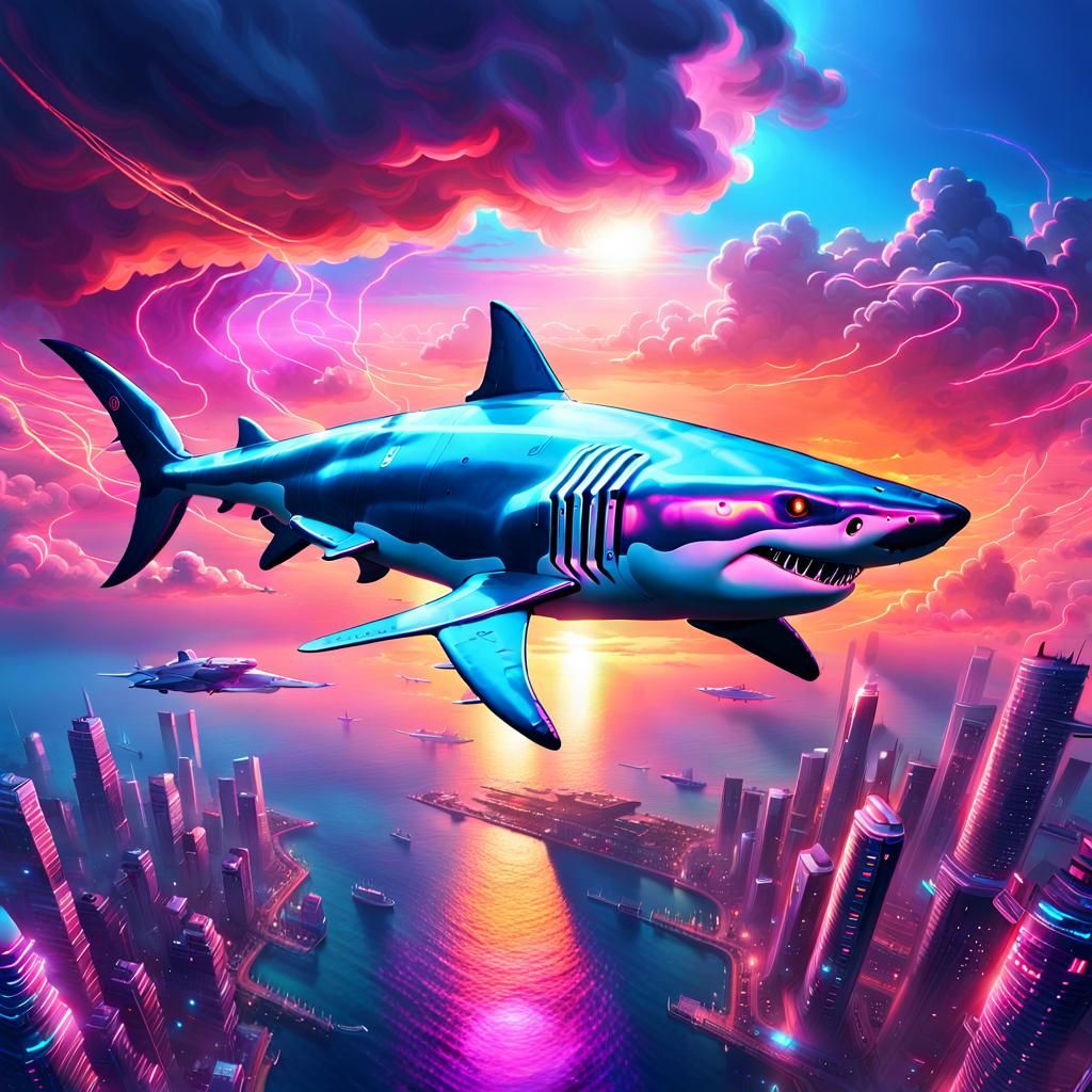 Cyberpunk Cyborg Shark Soaring Through Clouds