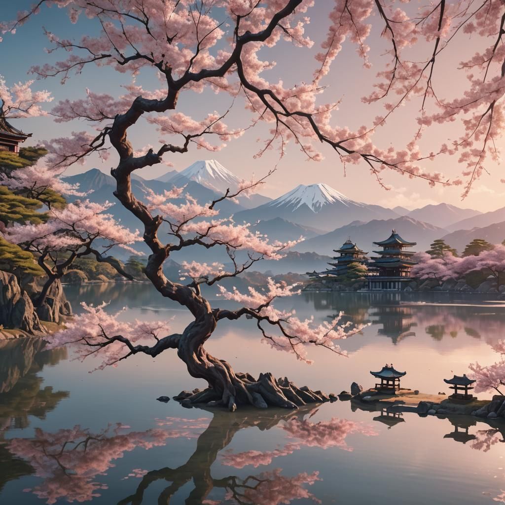 Sakura Tree in Surreal Anime Landscape, 3D Render