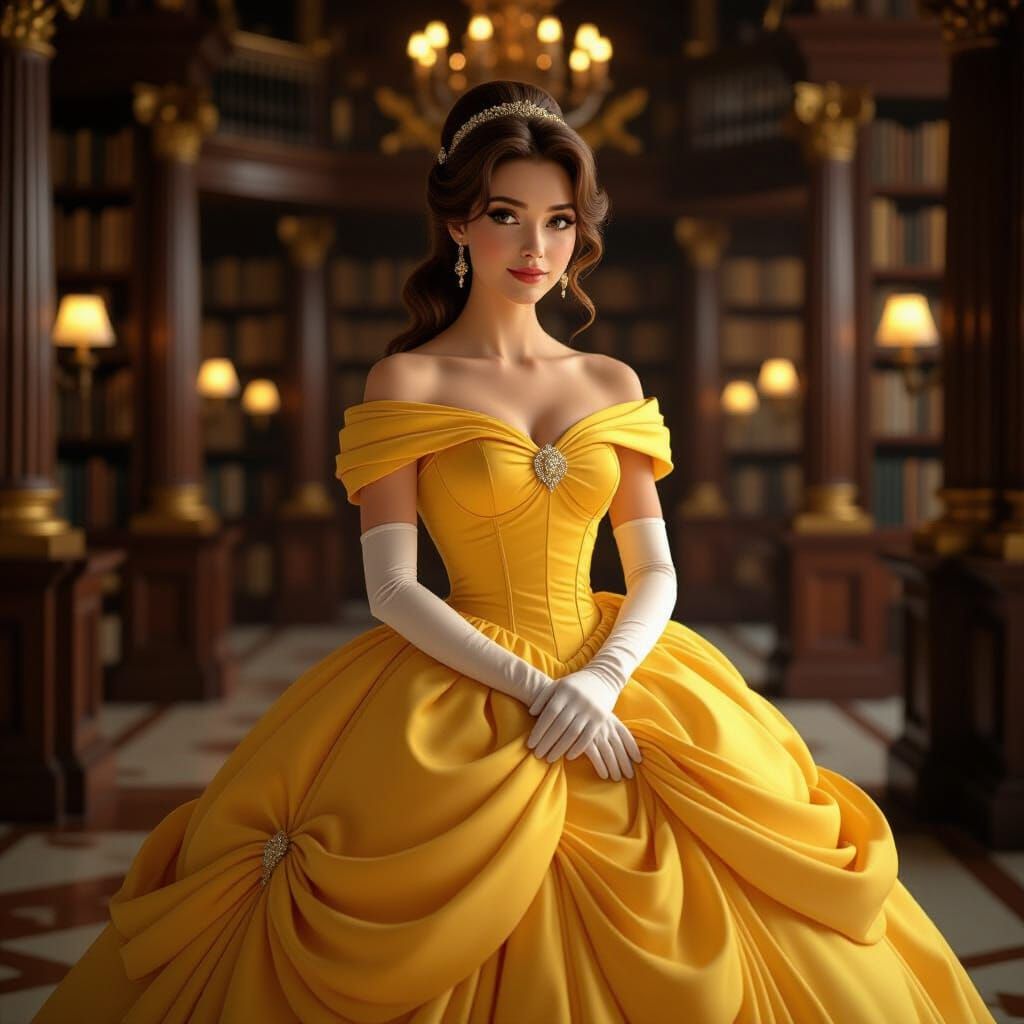 Belle in Yellow Gown in Ornate Library