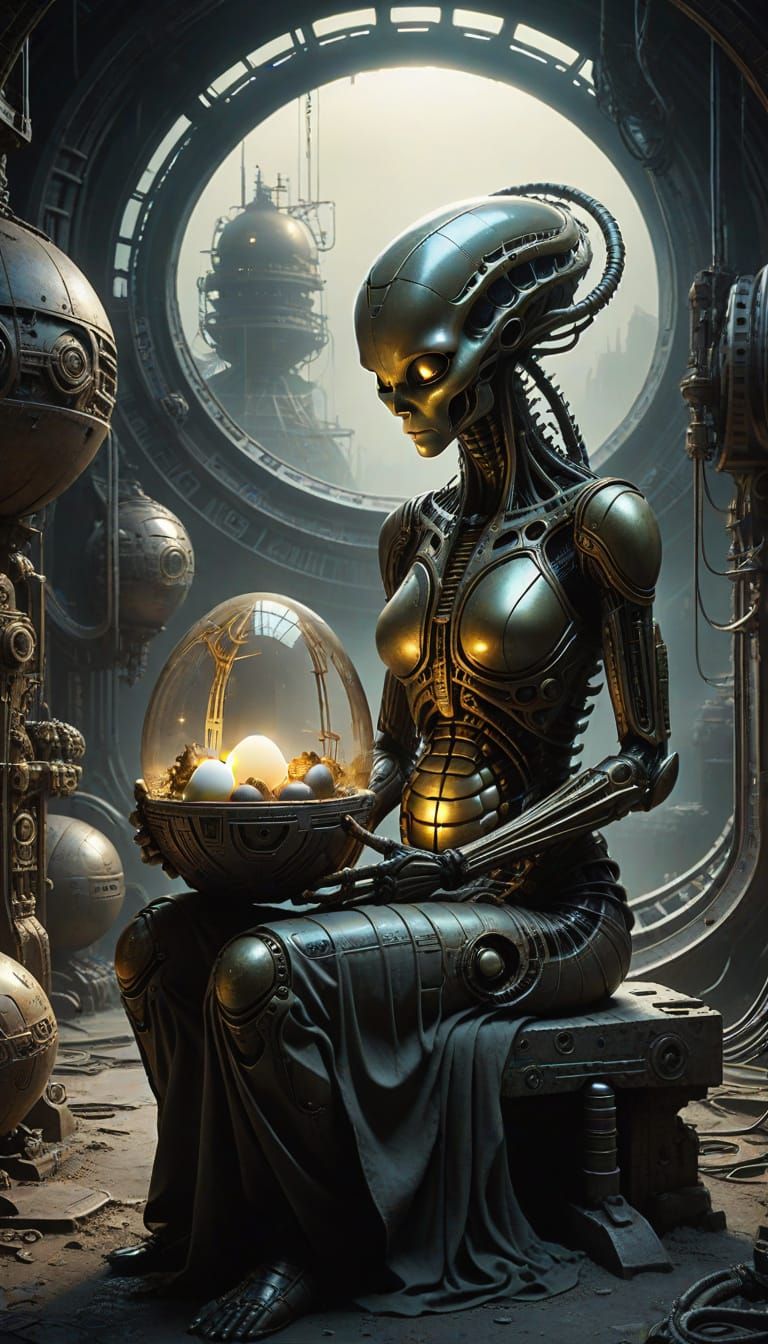 Surreal Pregnancy Scene in Giger's Biomechanical Style