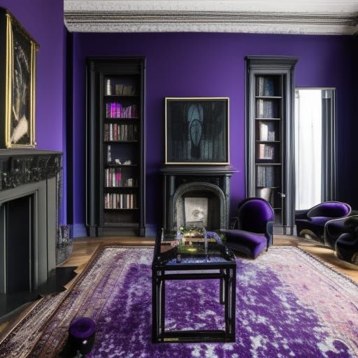 Ethereal Gothic penthouse with gothic black walls with Labradorite accents& purple Gothic furniture with cobalt blue pil...