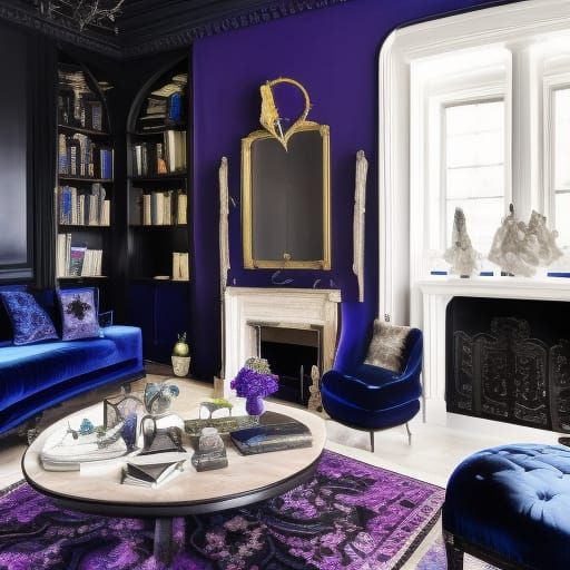 Ethereal Gothic penthouse with gothic black walls with Labradorite accents& purple Gothic furniture with cobalt blue pil...