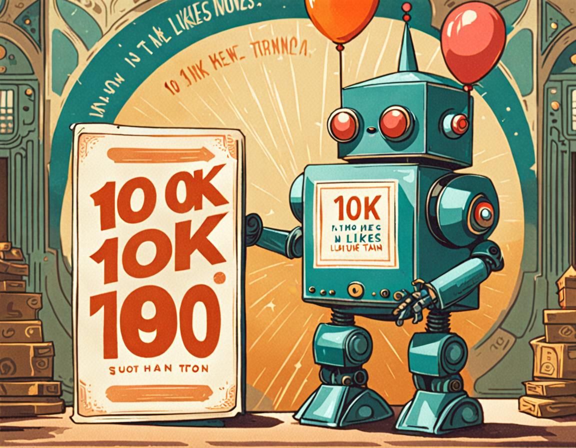 Cute Robot Celebrates 10K Likes, Art Nouveau Style