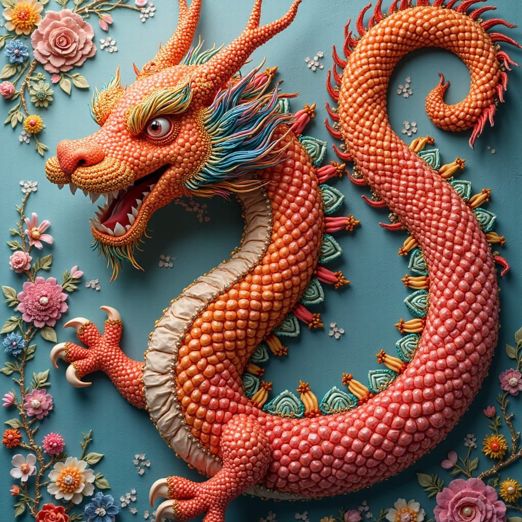 Beaded Oriental Dragon Mosaic in Surreal Pop Art Style