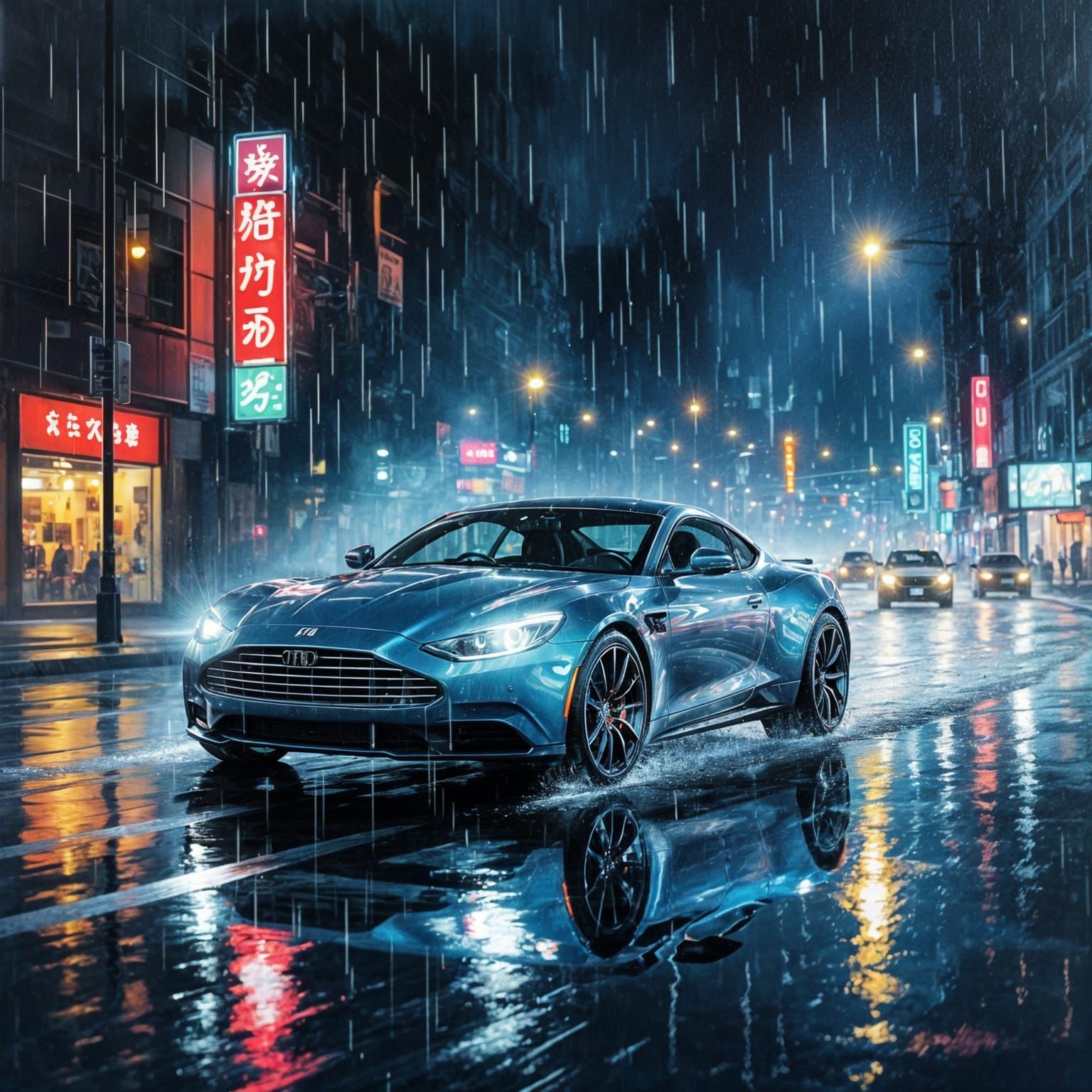 Rainy Road at Night: Hyperrealistic Gouache Impressionist Pa...