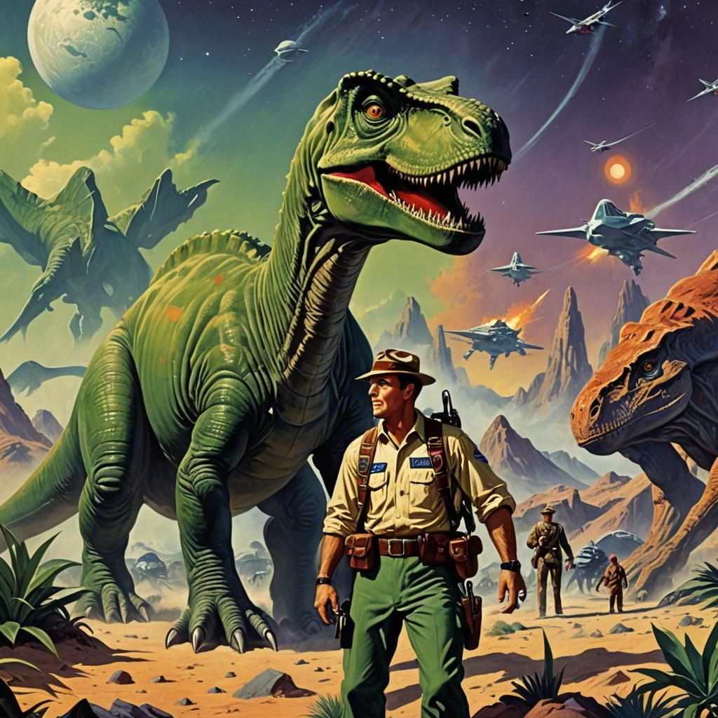 Distant Planet with Dinosaurs in Vintage Sci-Fi Art