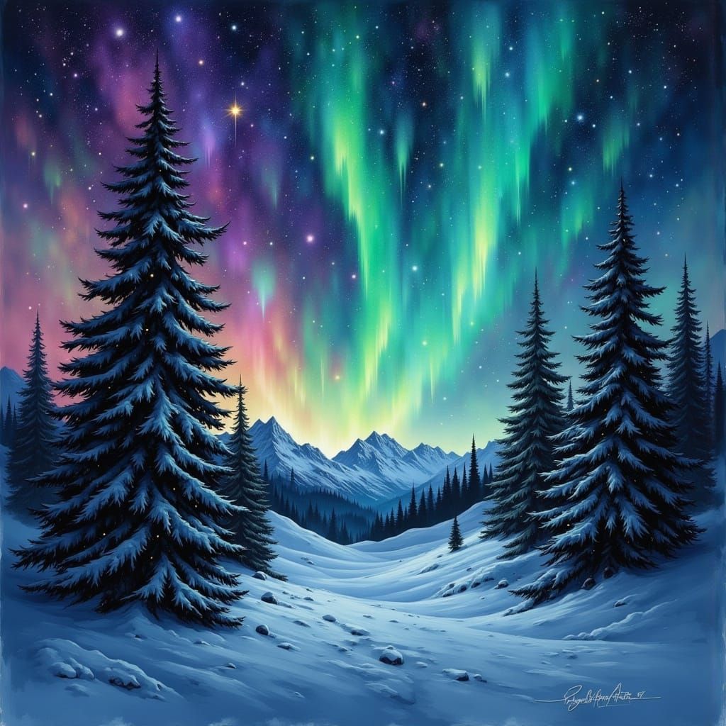 Aurora Borealis Landscape in Ancient Gold Oil Painting Style
