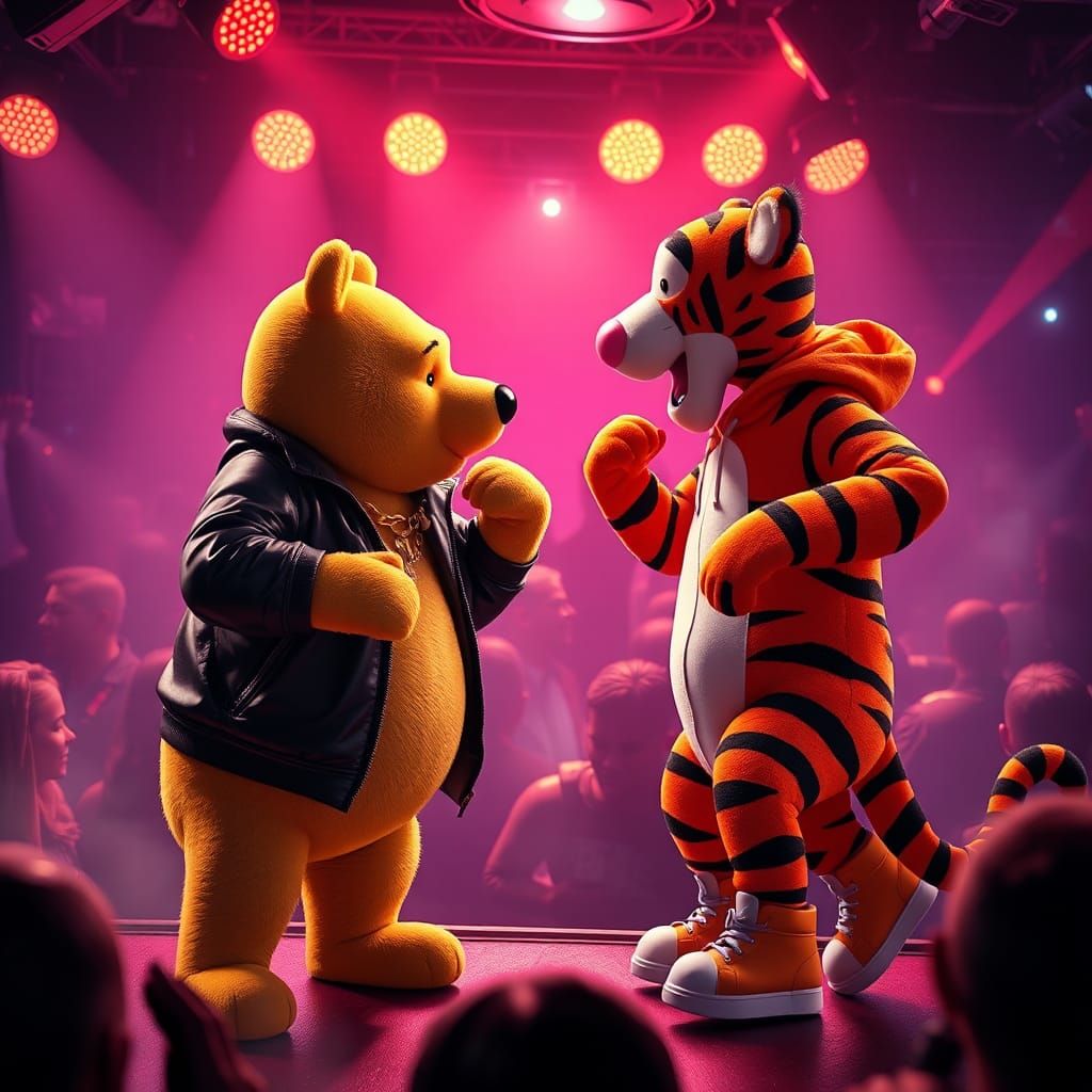 Winnie the Pooh and Tigger in a rap battle at a night club. ...