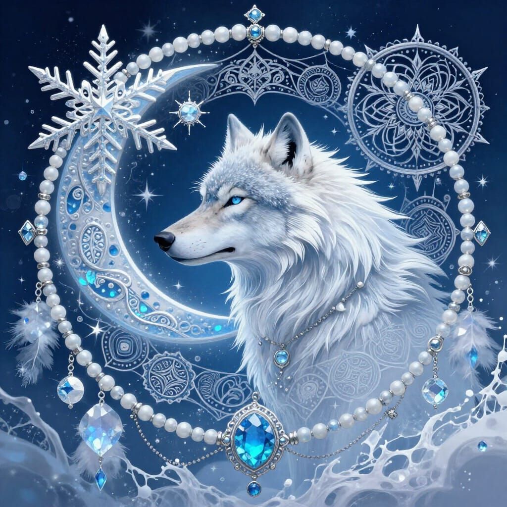 Arctic Wolf with Moon Mandalas and Boho Dreamcatchers