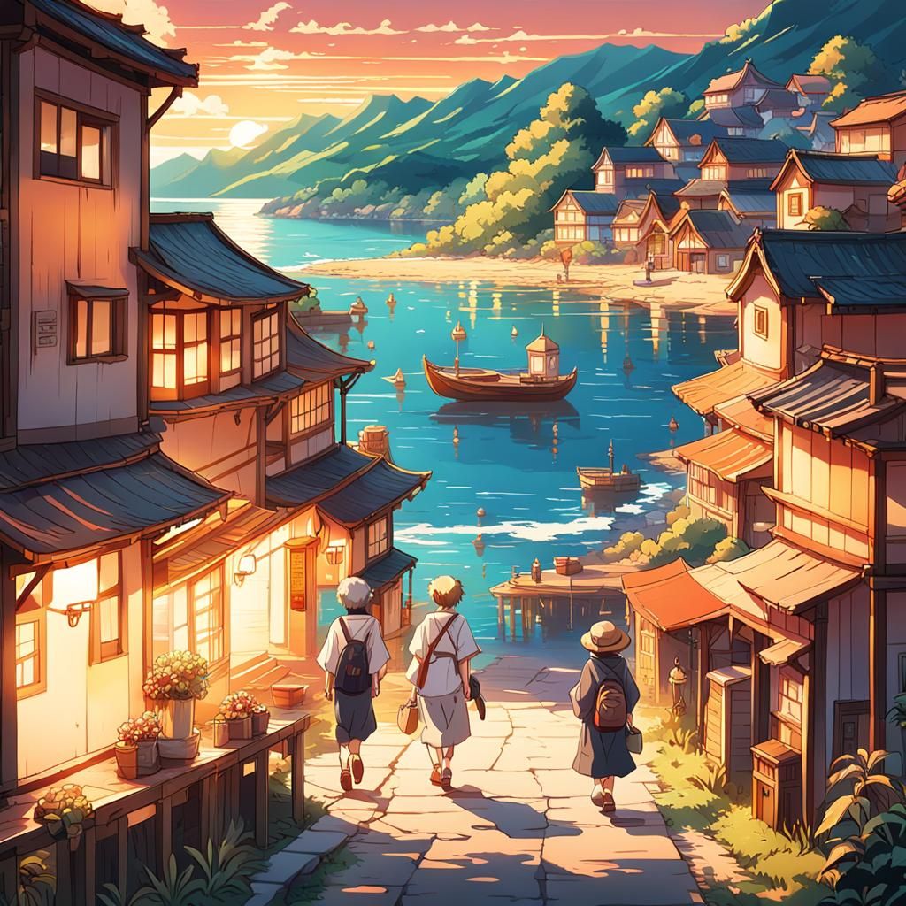 Vibrant Seaside Village at Sunset: Anime Style