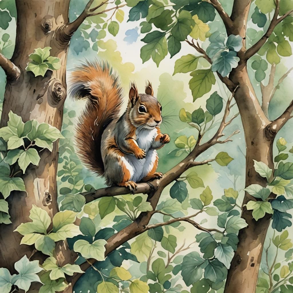 Squirrel's Agile Climb: A Watercolor Illustration