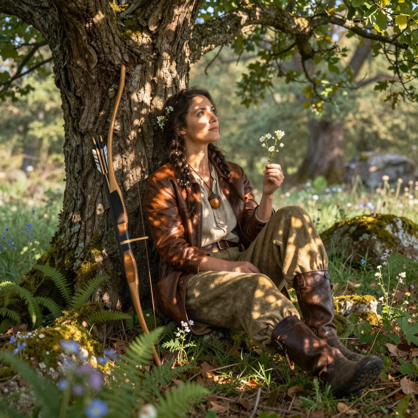 Lyrical Fantasy Portrait of a Female Ranger in Sunlit Glade