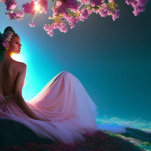 Dreamlike Digital Art: Woman Basking in Colorful Light