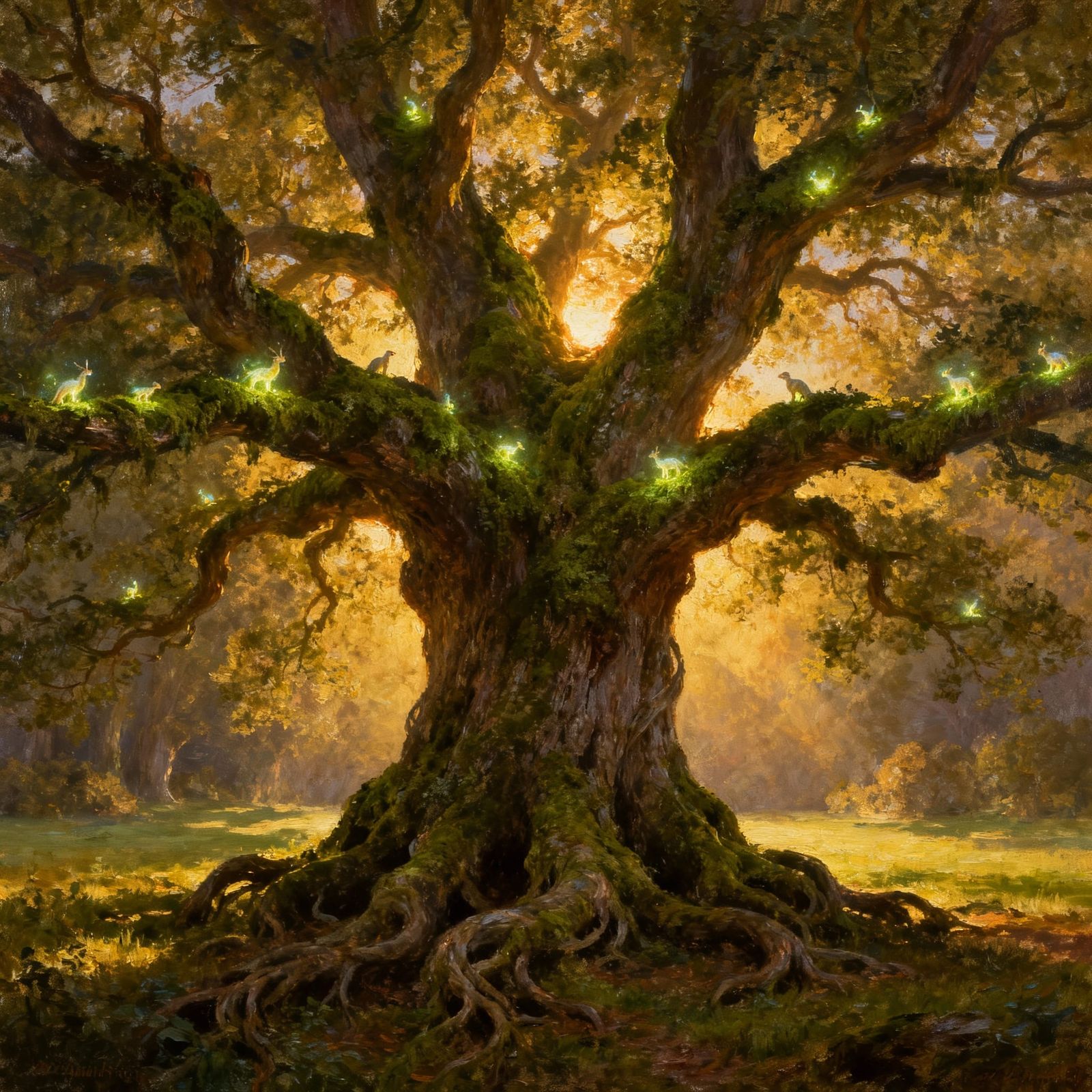 Ancient Tree in Sun-Dappled Glade: Oil Painting