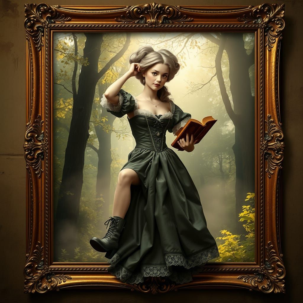 Romantic Forest Scene with Woman Stepping Out