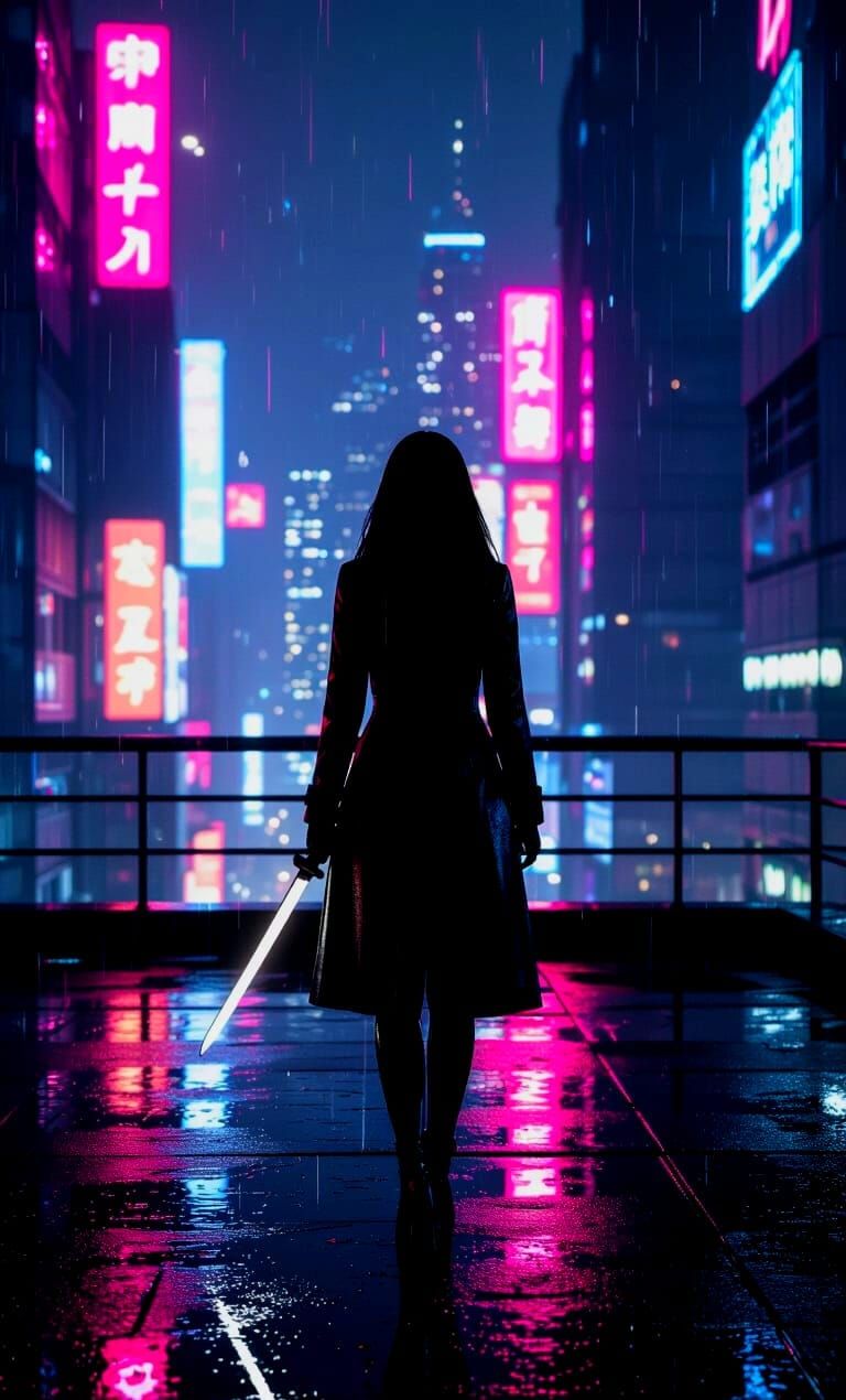 Futuristic City Rooftop Silhouette Under Neon Lights