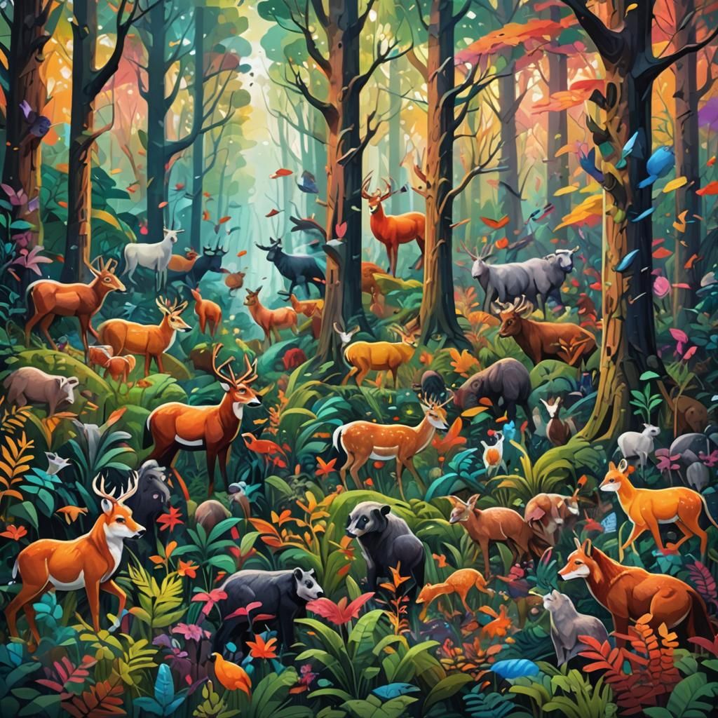 Colorful Hyperrealistic Forest with Diverse Wildlife