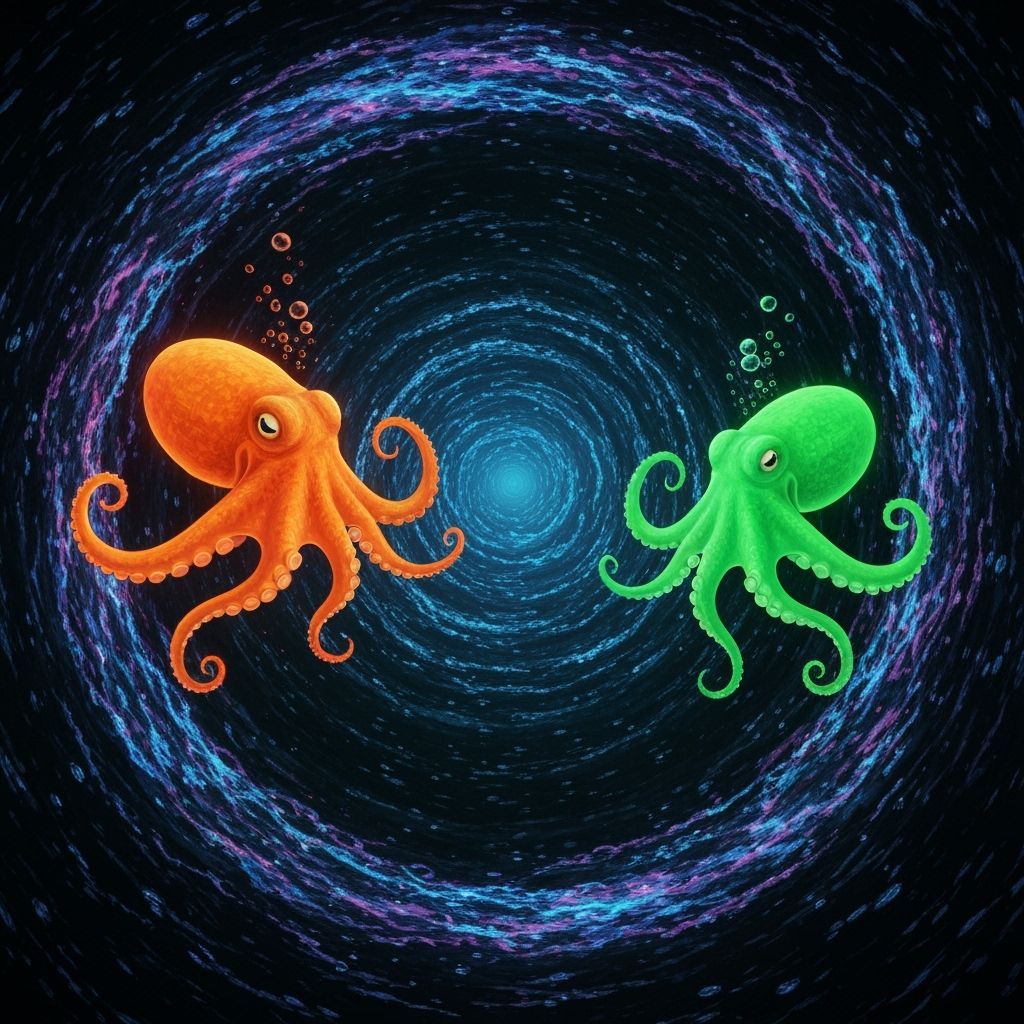 Neon Octopuses Play Tennis in Film Noir Underwater Scene