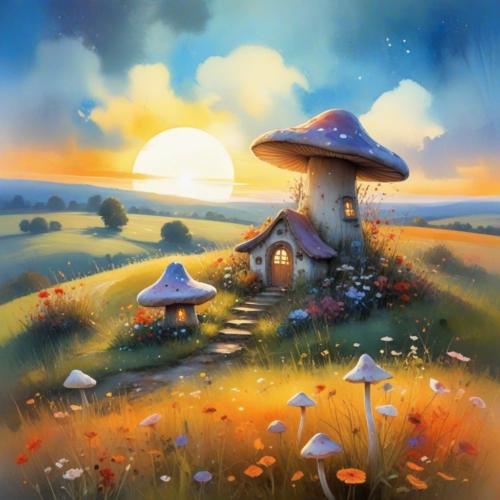 Fairy Tale Mushroom House Under Moonlit Meadow Skies