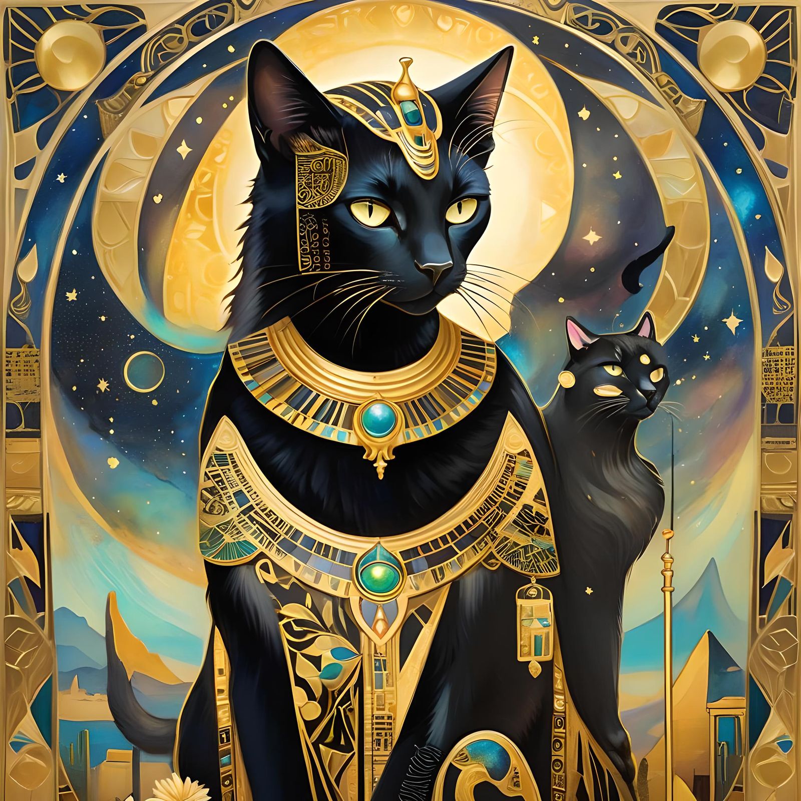 Klimt Style Bast Cat in Art Nouveau Frame