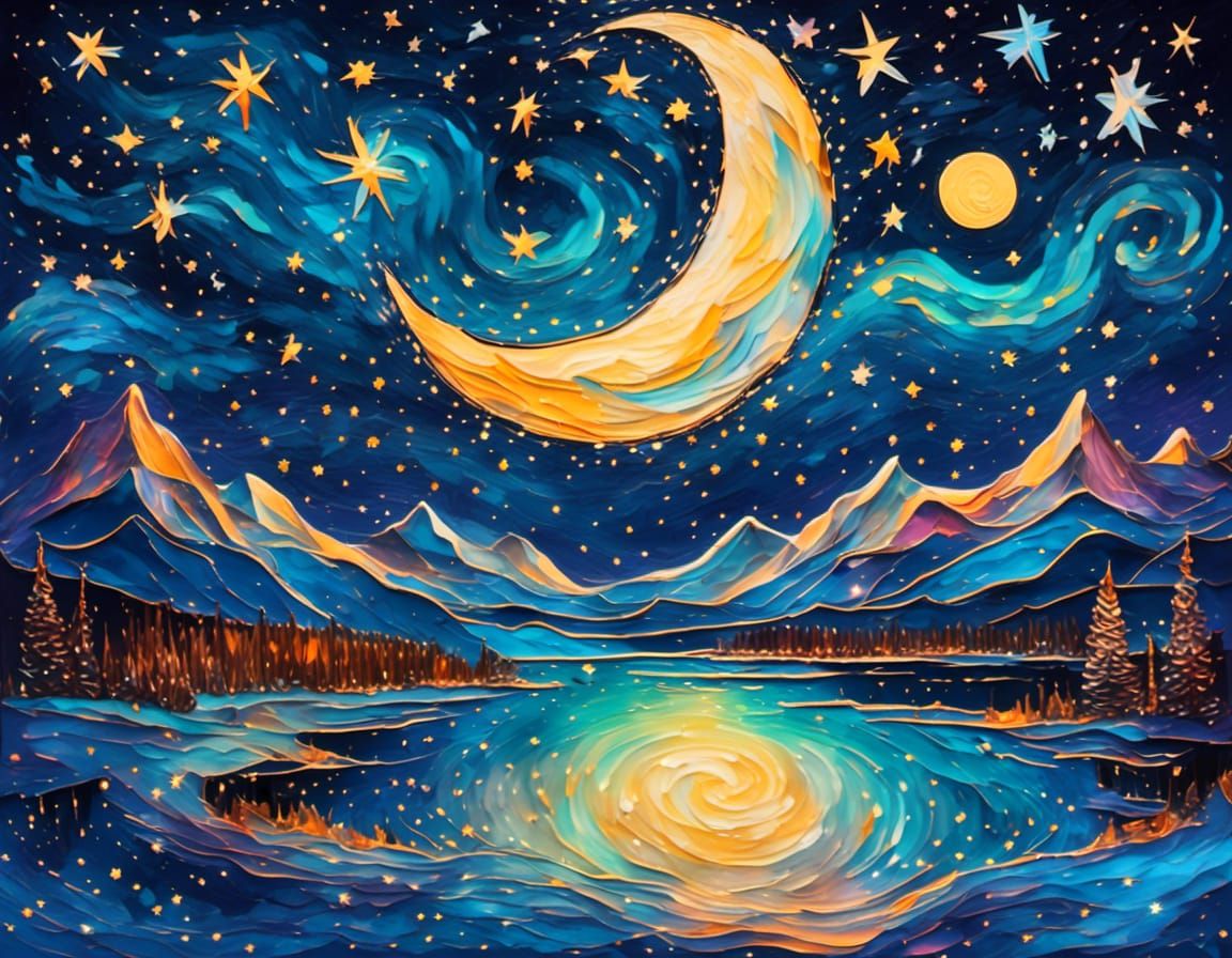 Frozen Lake Under Swirling Stars in Van Gogh Style