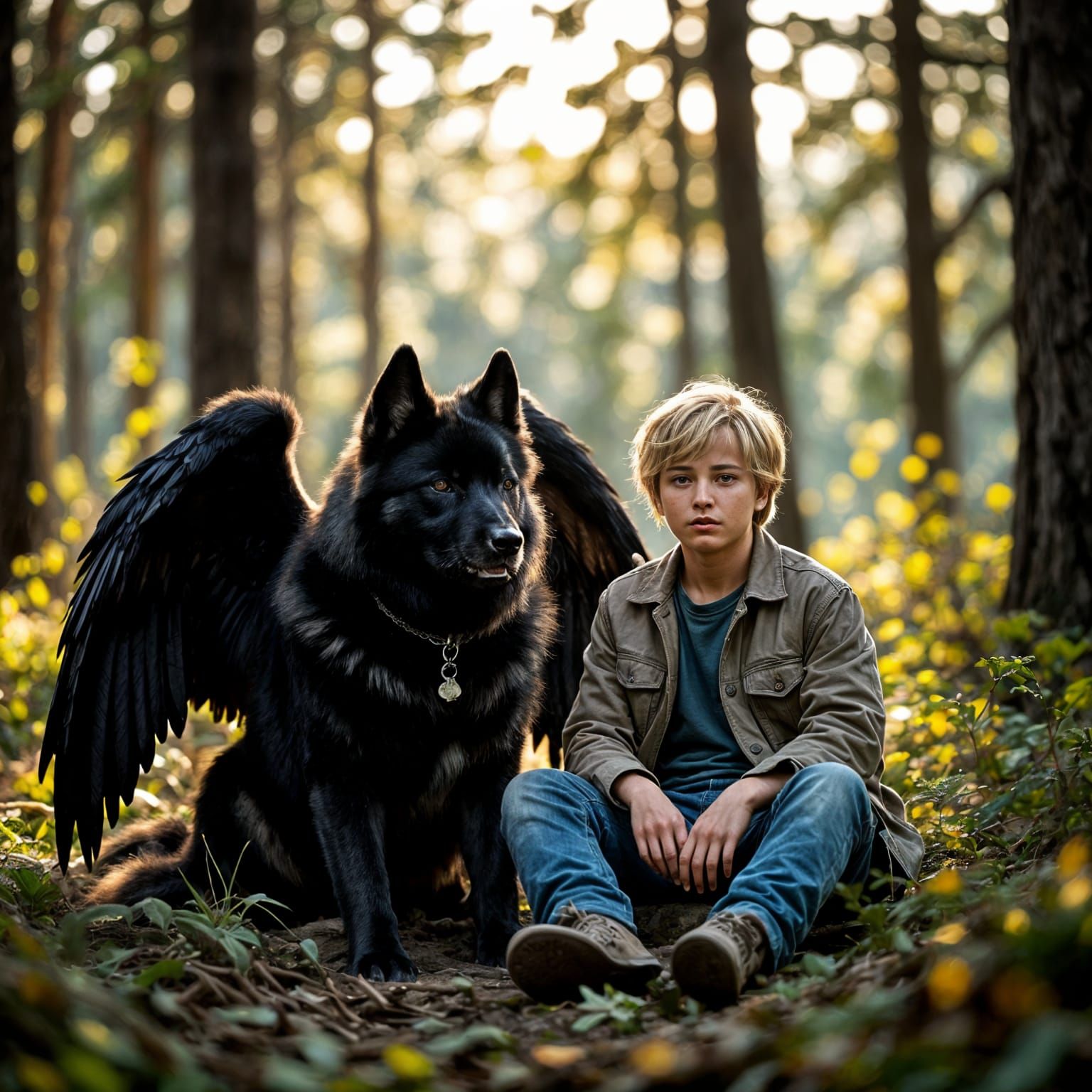 Boy with Cerberus in Forest, Cinematic Still