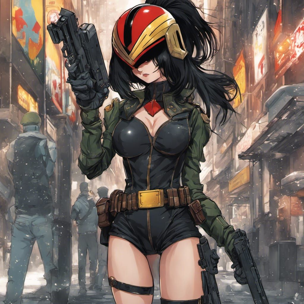 Anime Woman Cosplaying Judge Dredd in 4K