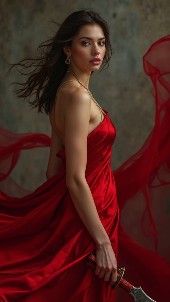Hyperrealistic Woman in Flowing Crimson Silk