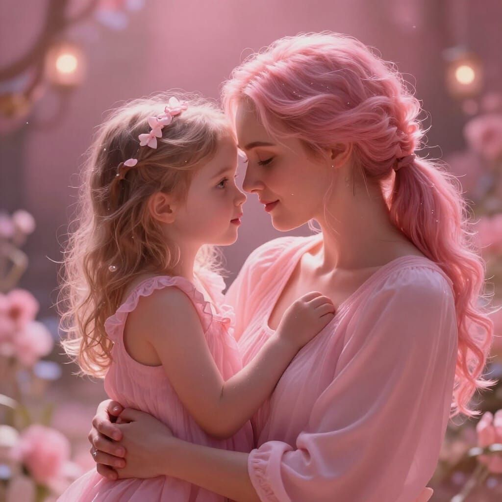 Mother and Daughter in Soft Pink Light, Hyperrealistic Digit...