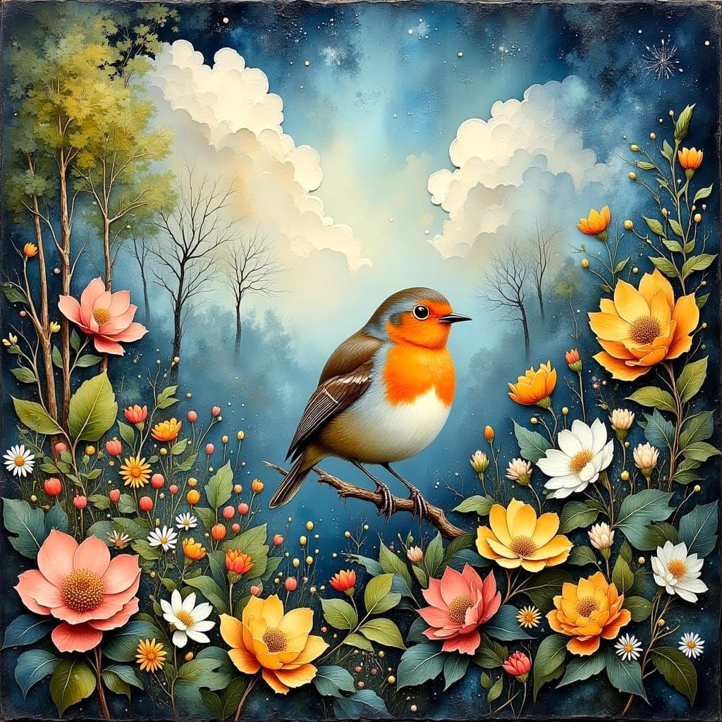 Whimsical Robin Landscape in Volumetric Oil Painting Style