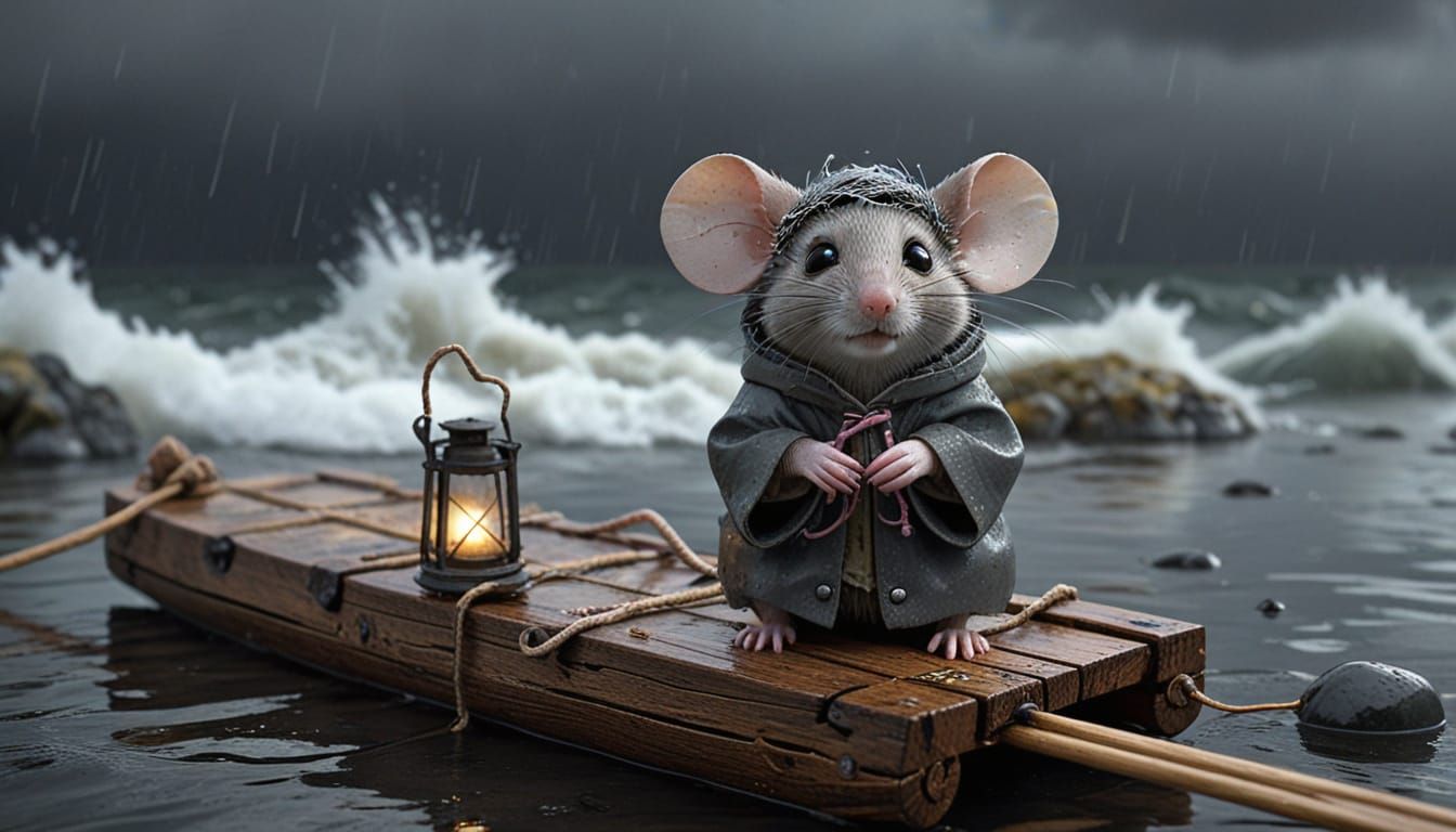 Adorable Gray Mouse Bravely Rides Stormy Sea on Raft