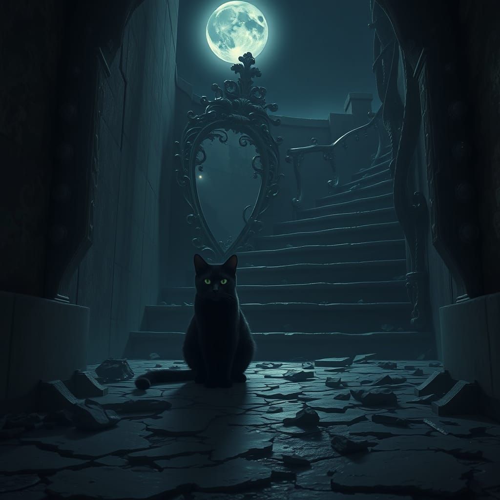 Mysterious Black Cat Amidst Shattered Mirror