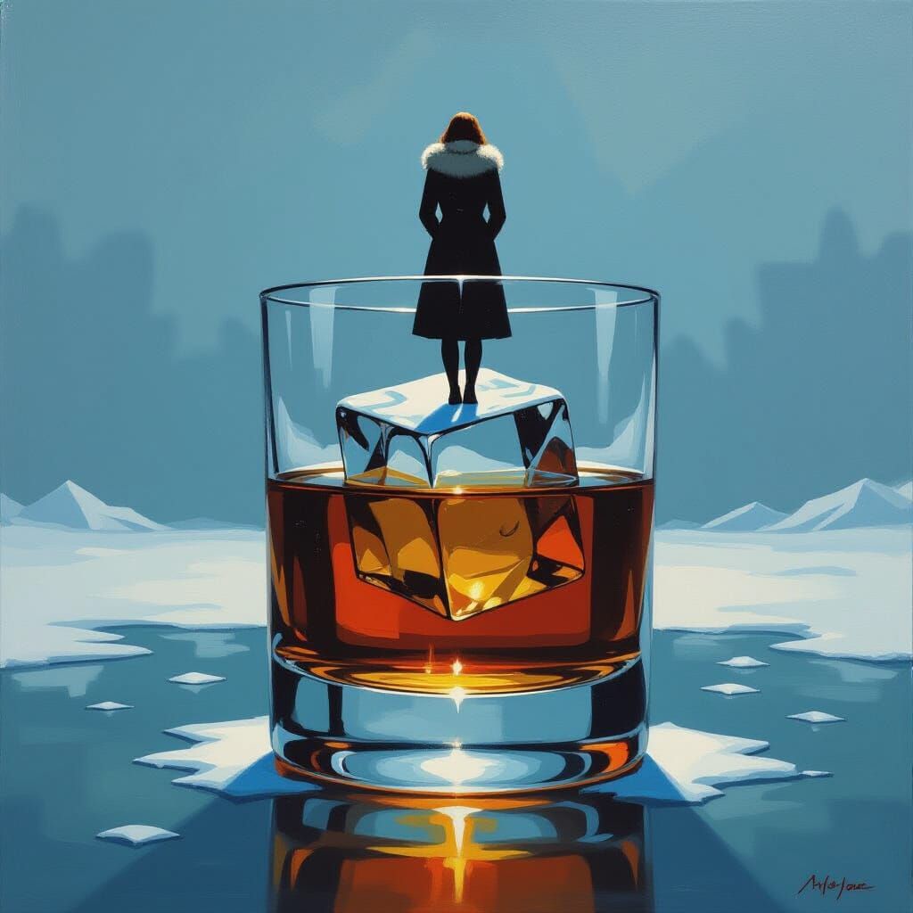 Woman on Ice Cube in Whiskey Glass, Oil Painting