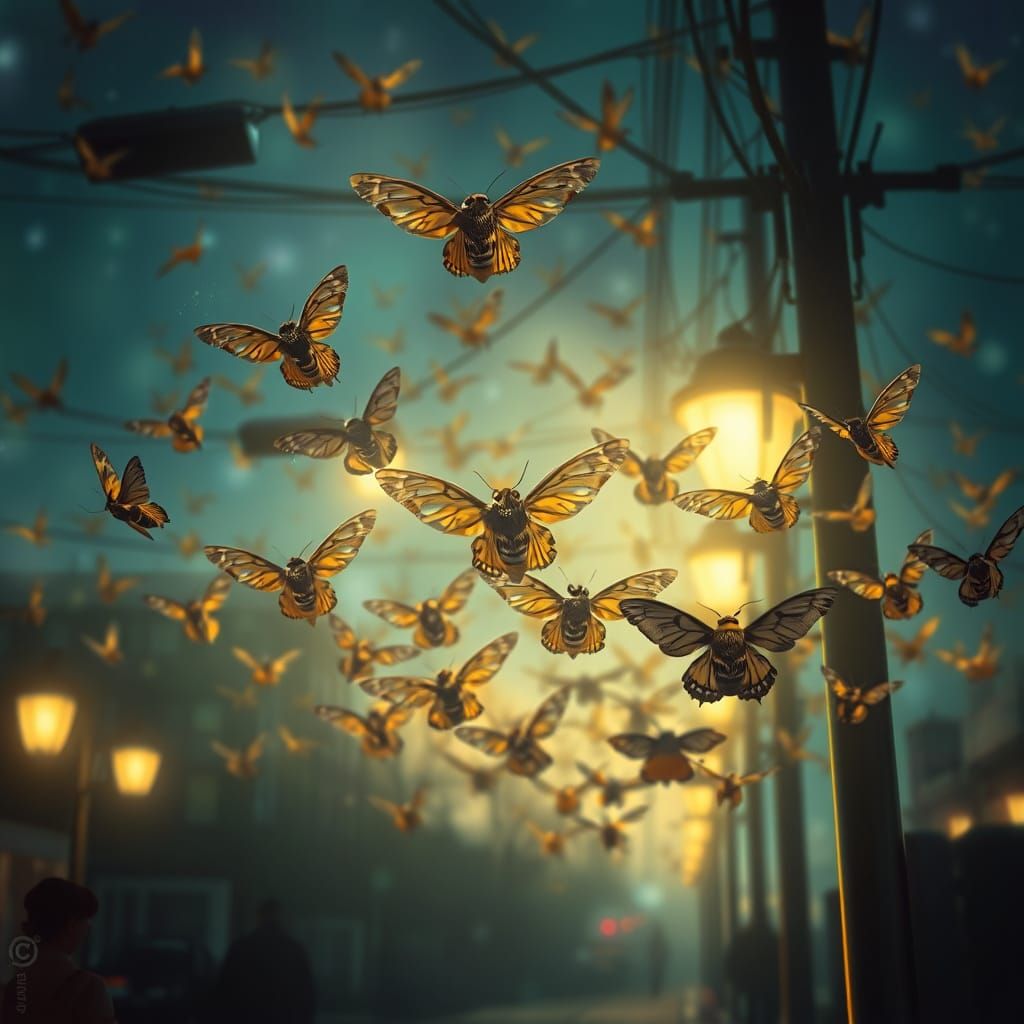 Whimsical Moths Gather Under Streetlights