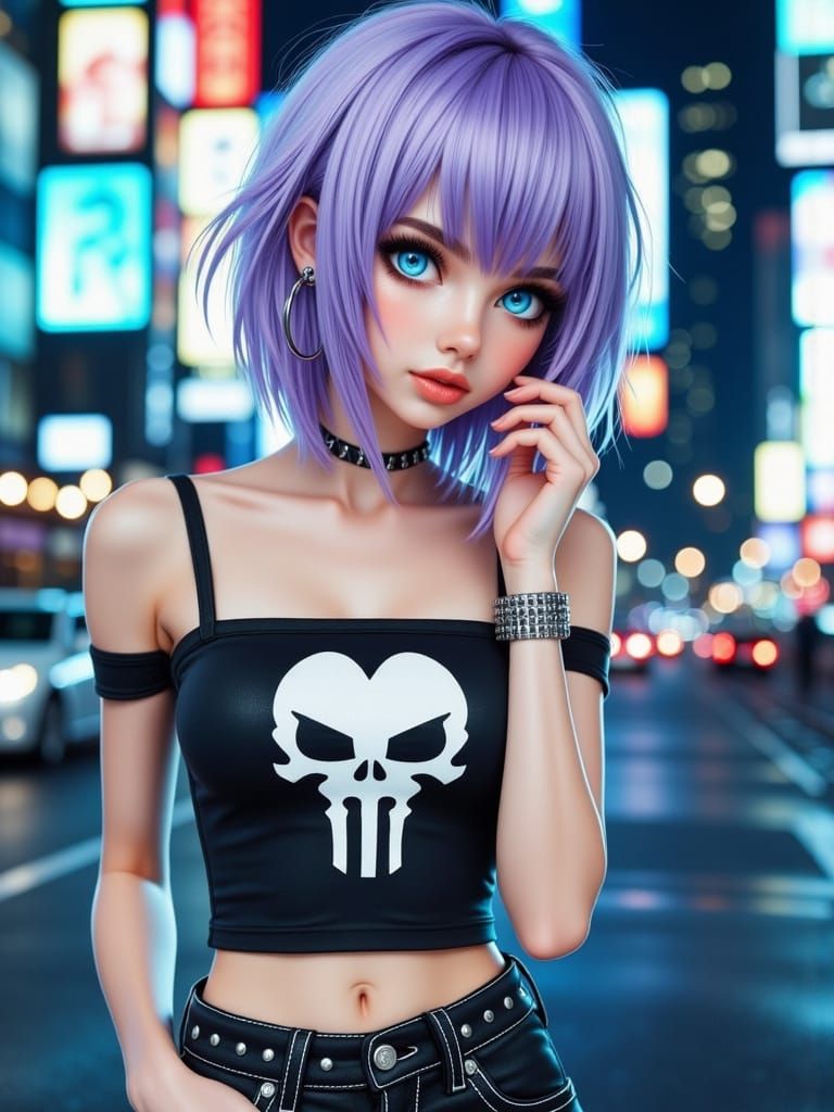 Young Woman with Lavender Hair in City at Dusk