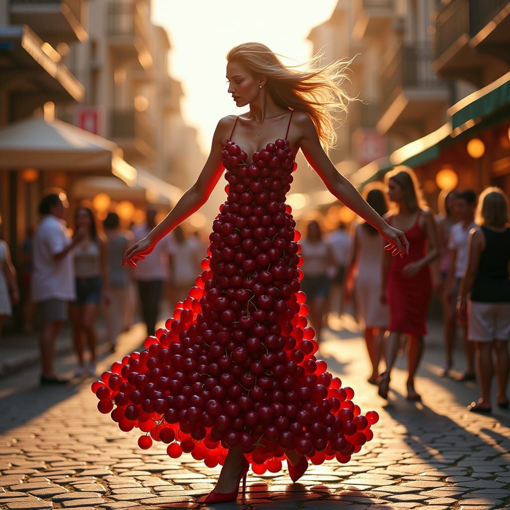 Cherry Woman Dancing at Sunrise in Hyperrealism Style