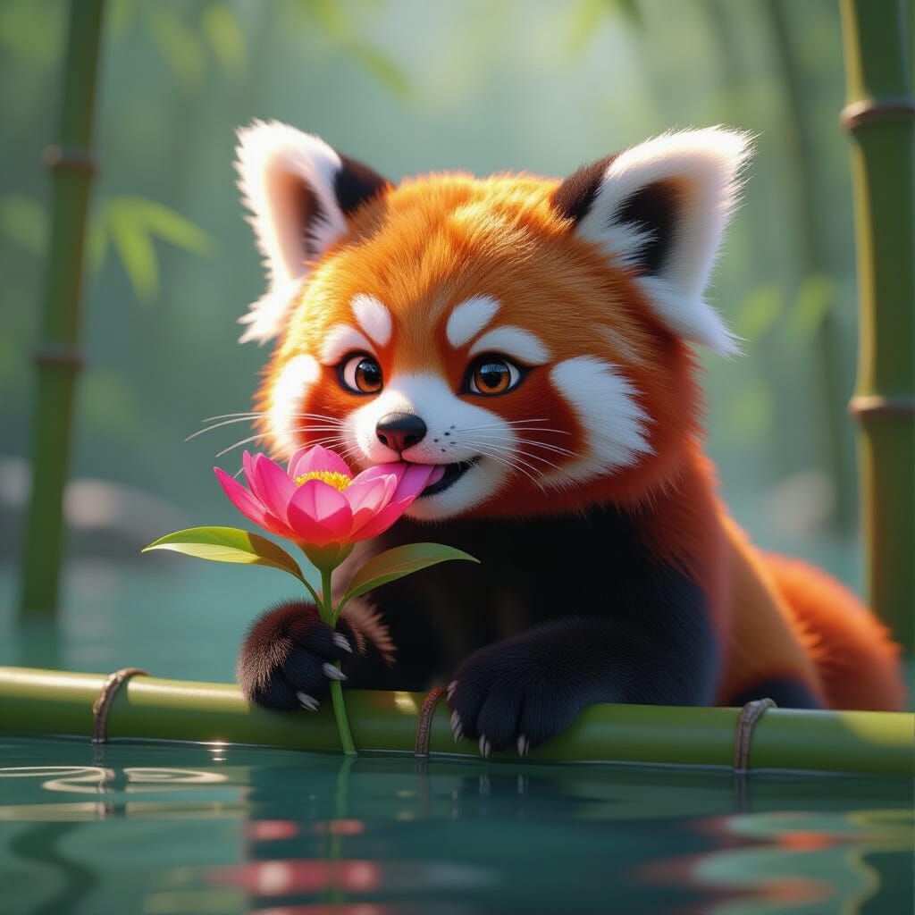 Fictional Red Panda Licks Flower from Floating Bamboo