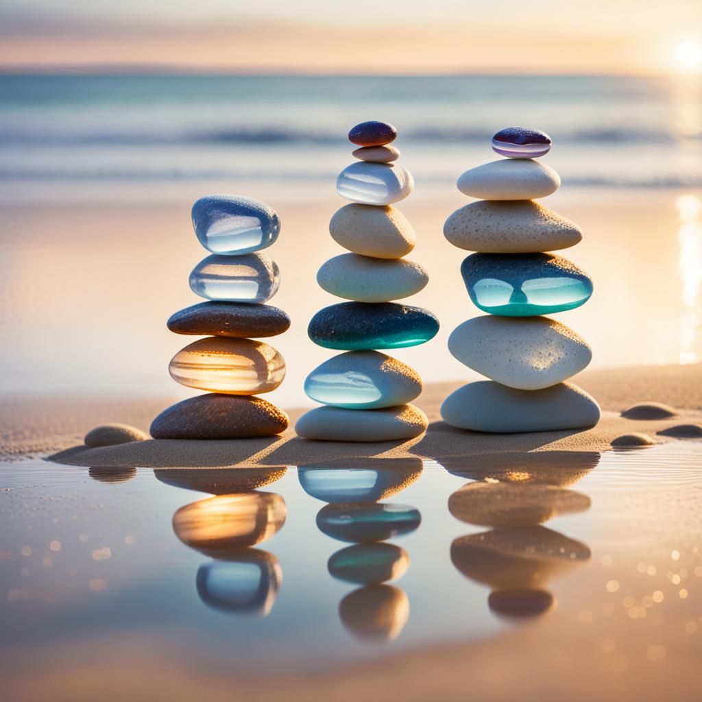 Glowing Transparent Stones Balanced on Beach