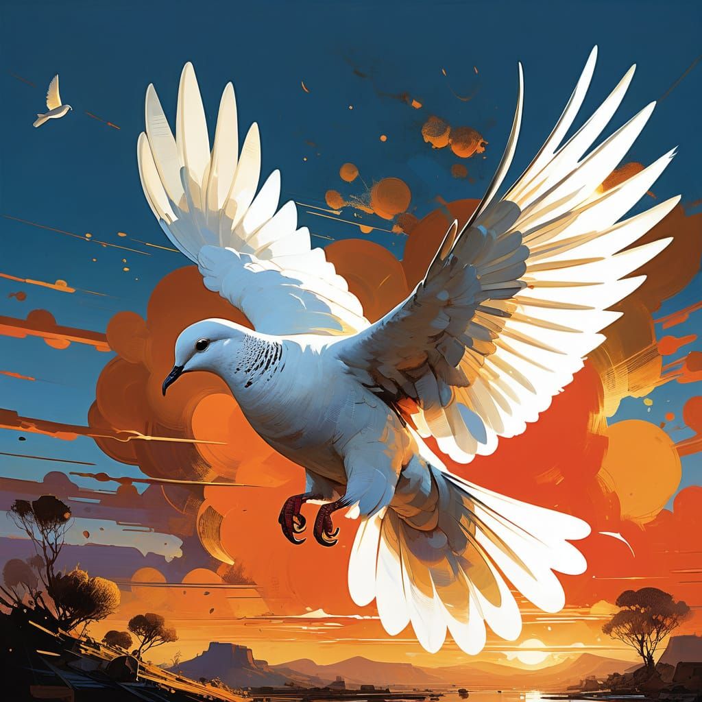 Majestic Dove in Flight, Carrying Olive Branch through Vibra...