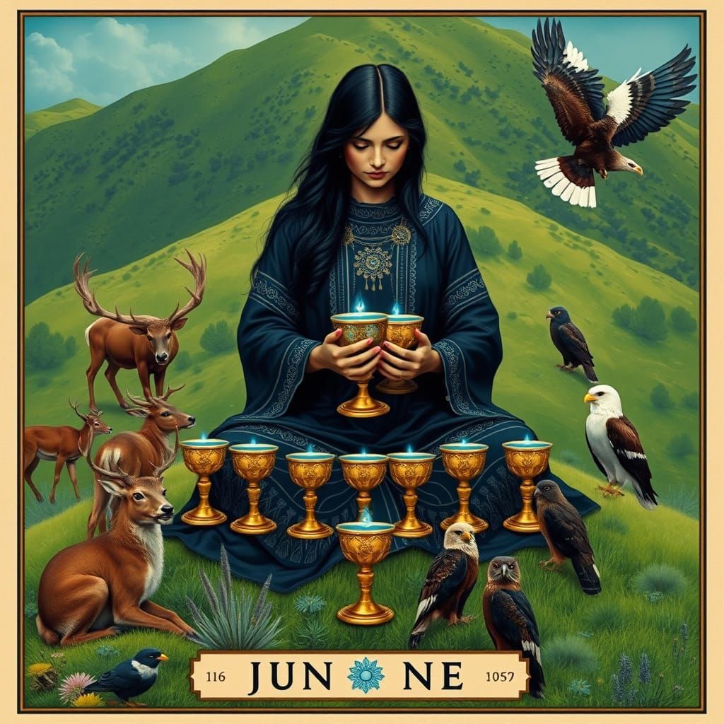 Native American Woman in Serene Landscape with Chalices and ...