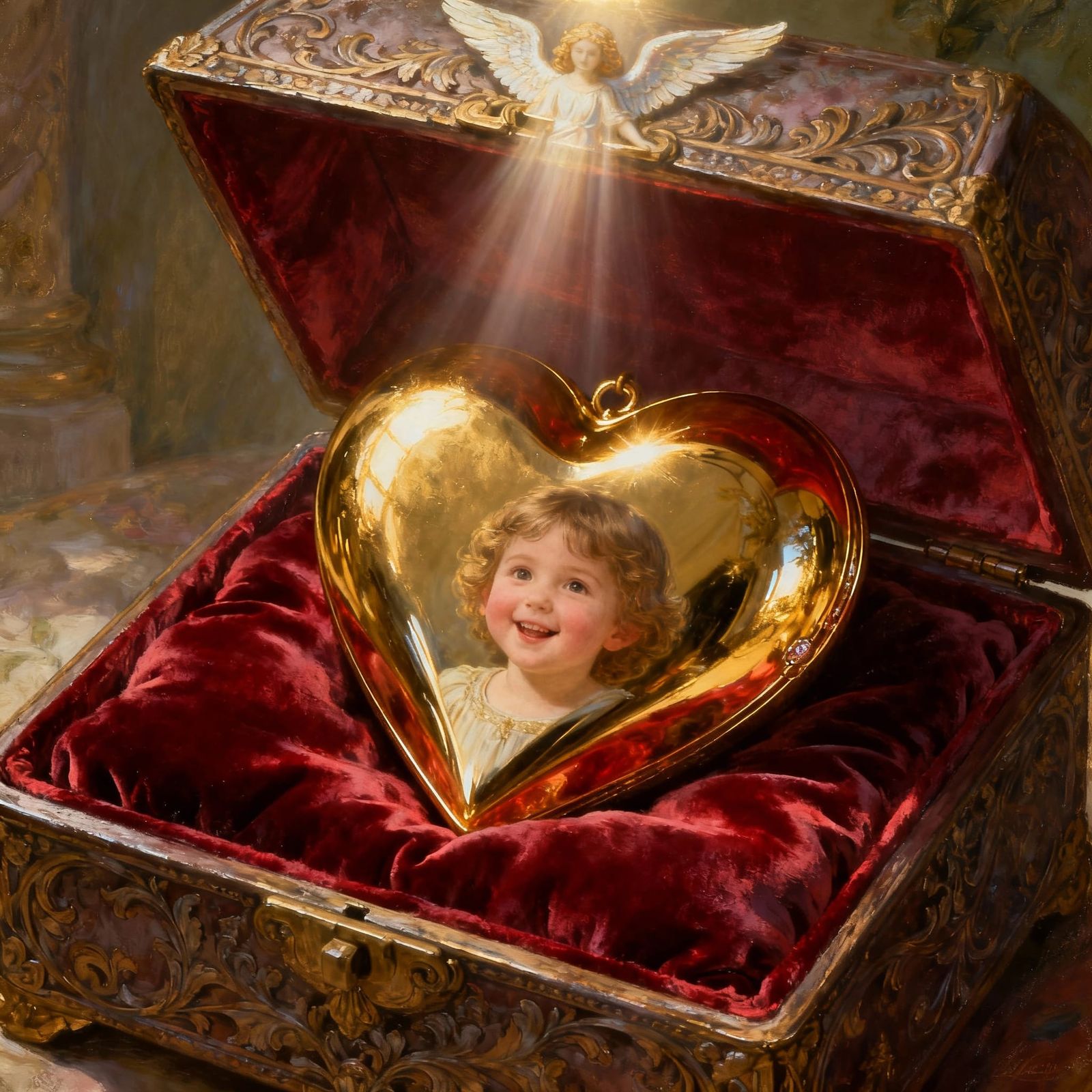 Golden Heart Reflecting Child's Face on Velvet Bed