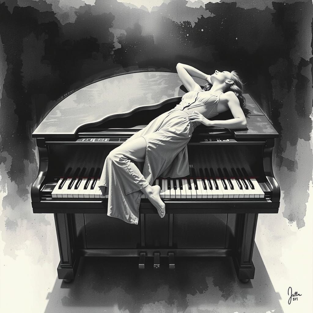 Surrealist Woman Embraces a Majestic Monochromatic Piano in ...