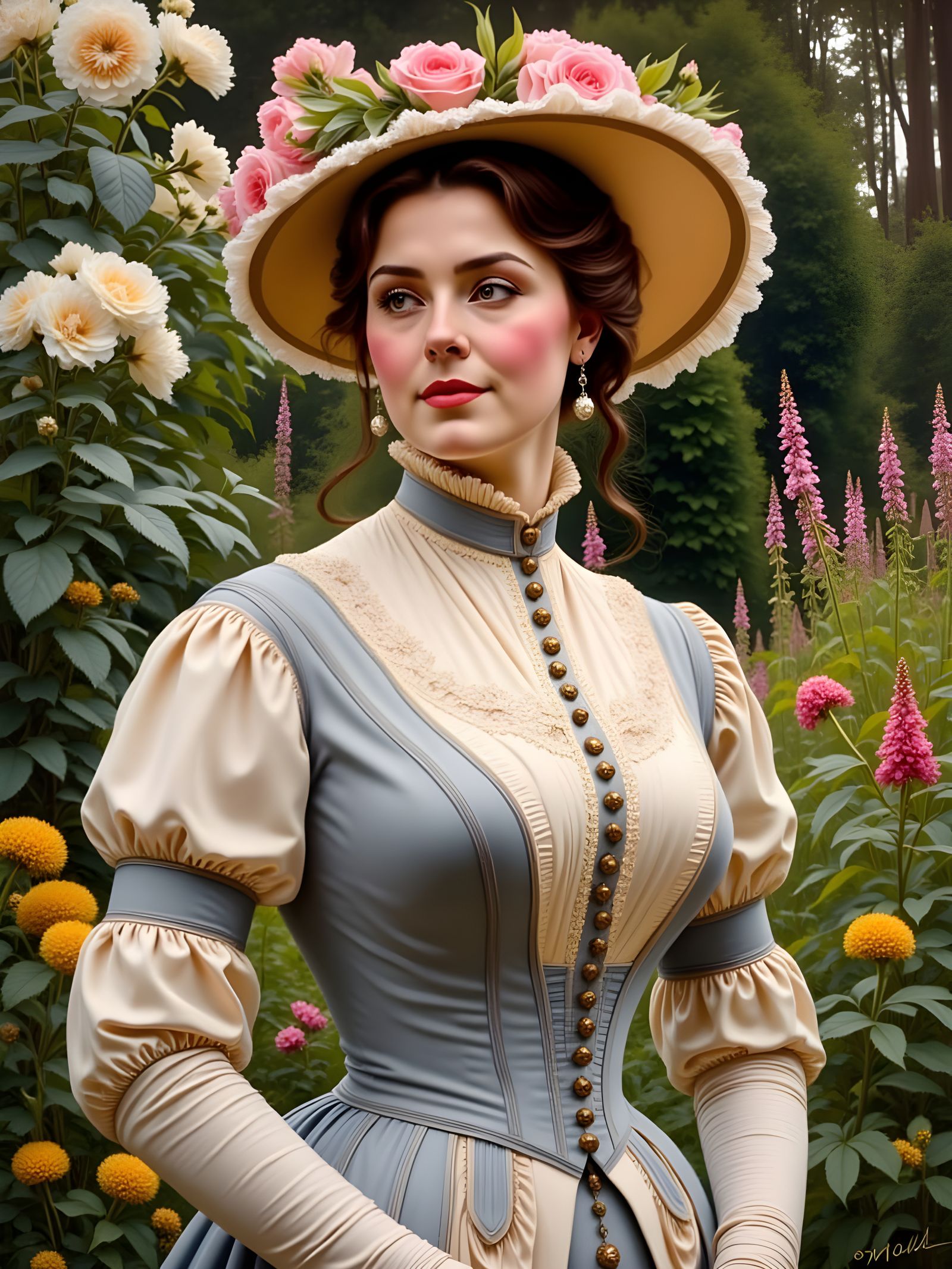 Victorian Woman in Botanic Garden, Oil Painting Style