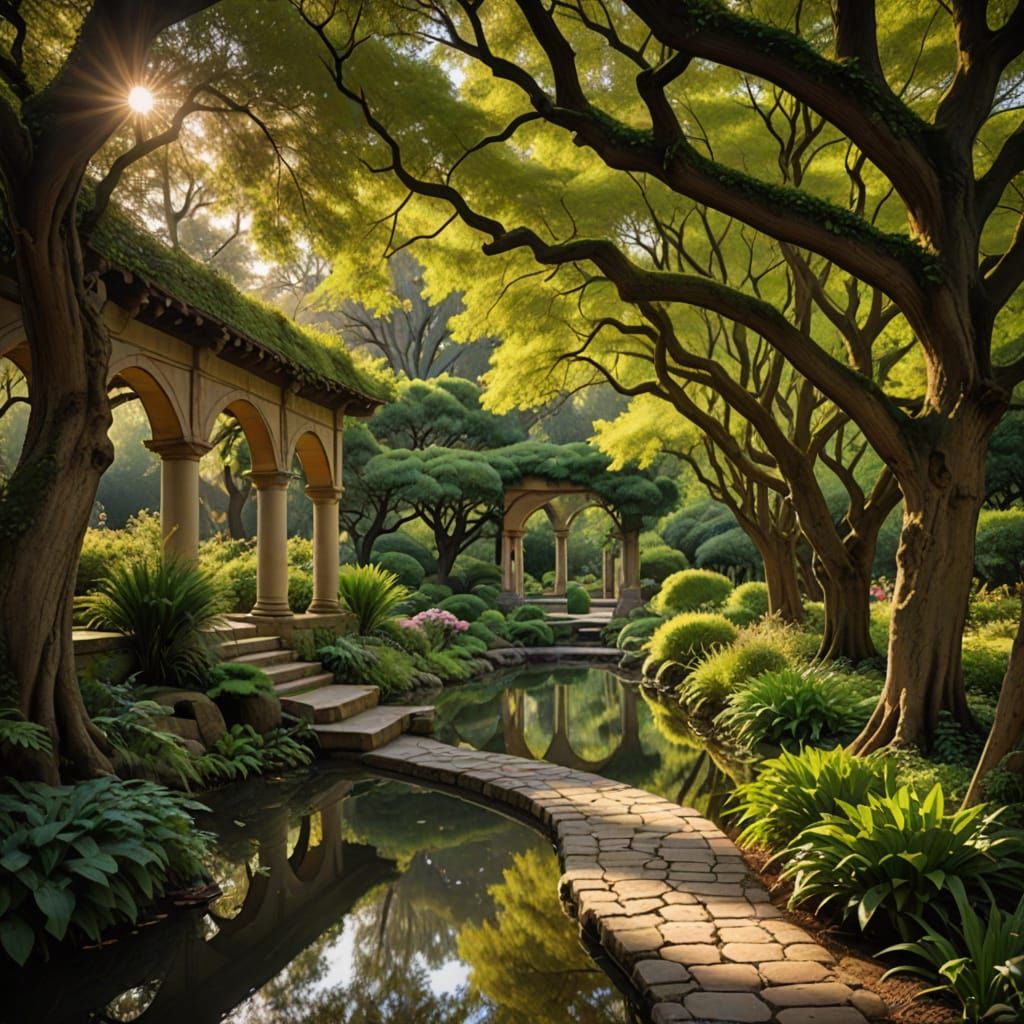 Tranquil Garden Sanctuary in Soft Golden Light