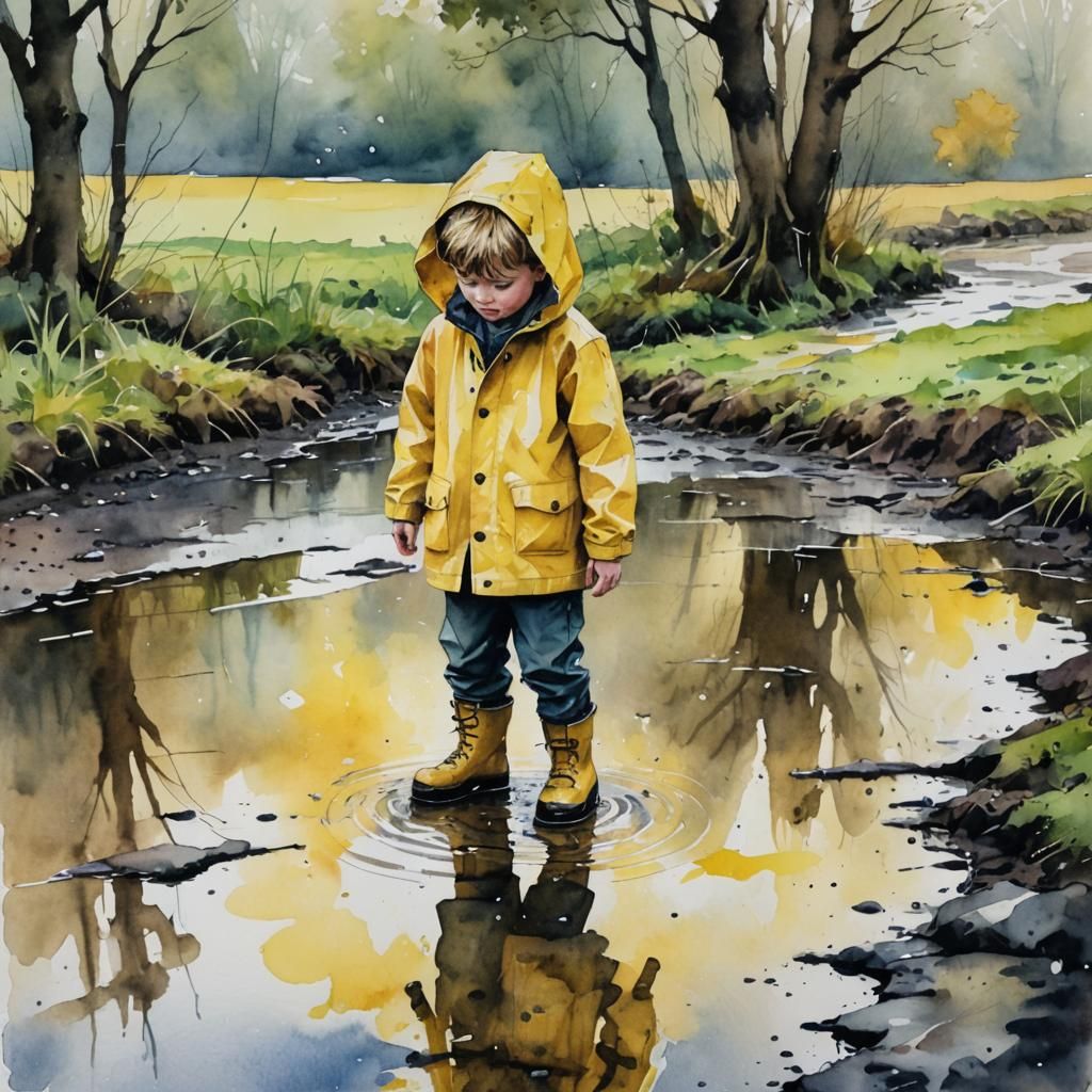 Watercolor Boy Contemplates Puddle Jump