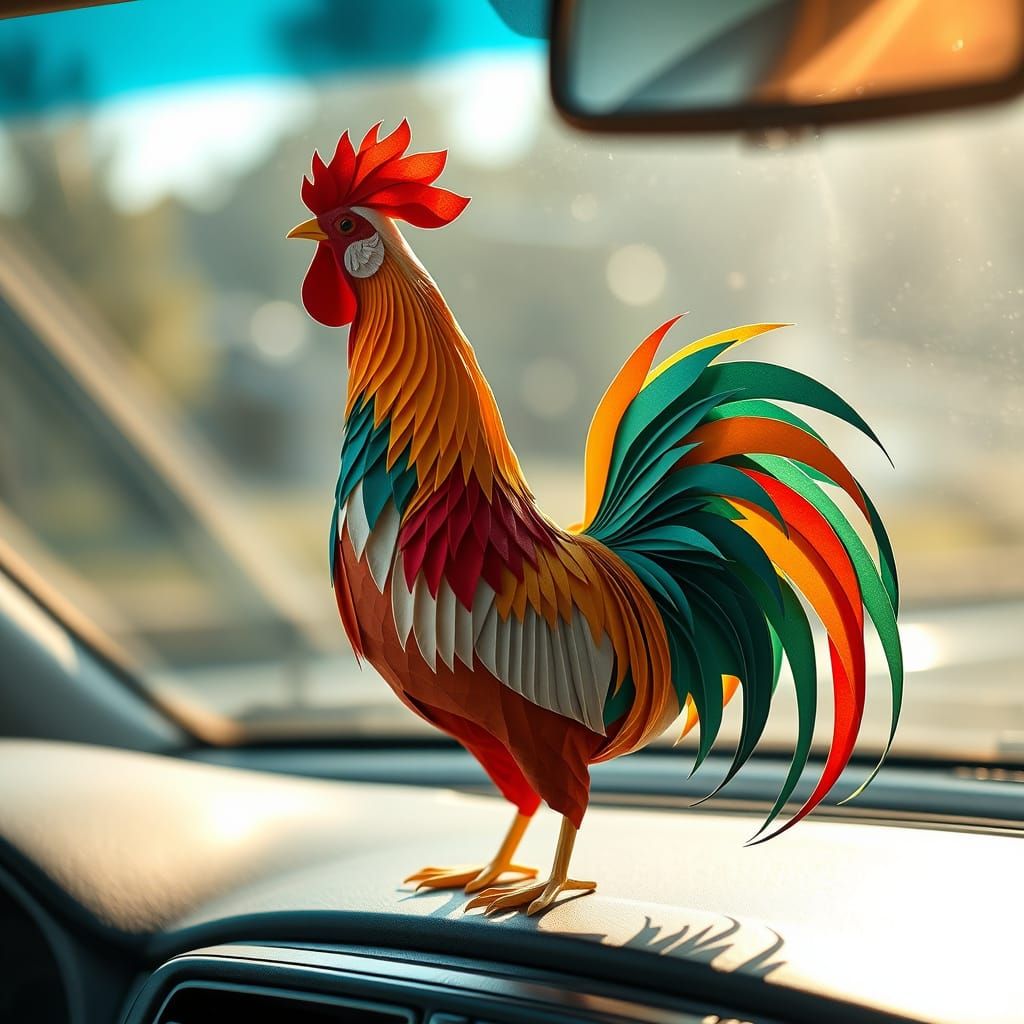 Elegant Origami Rooster Radiates Joy in Sunlit Car Interior
